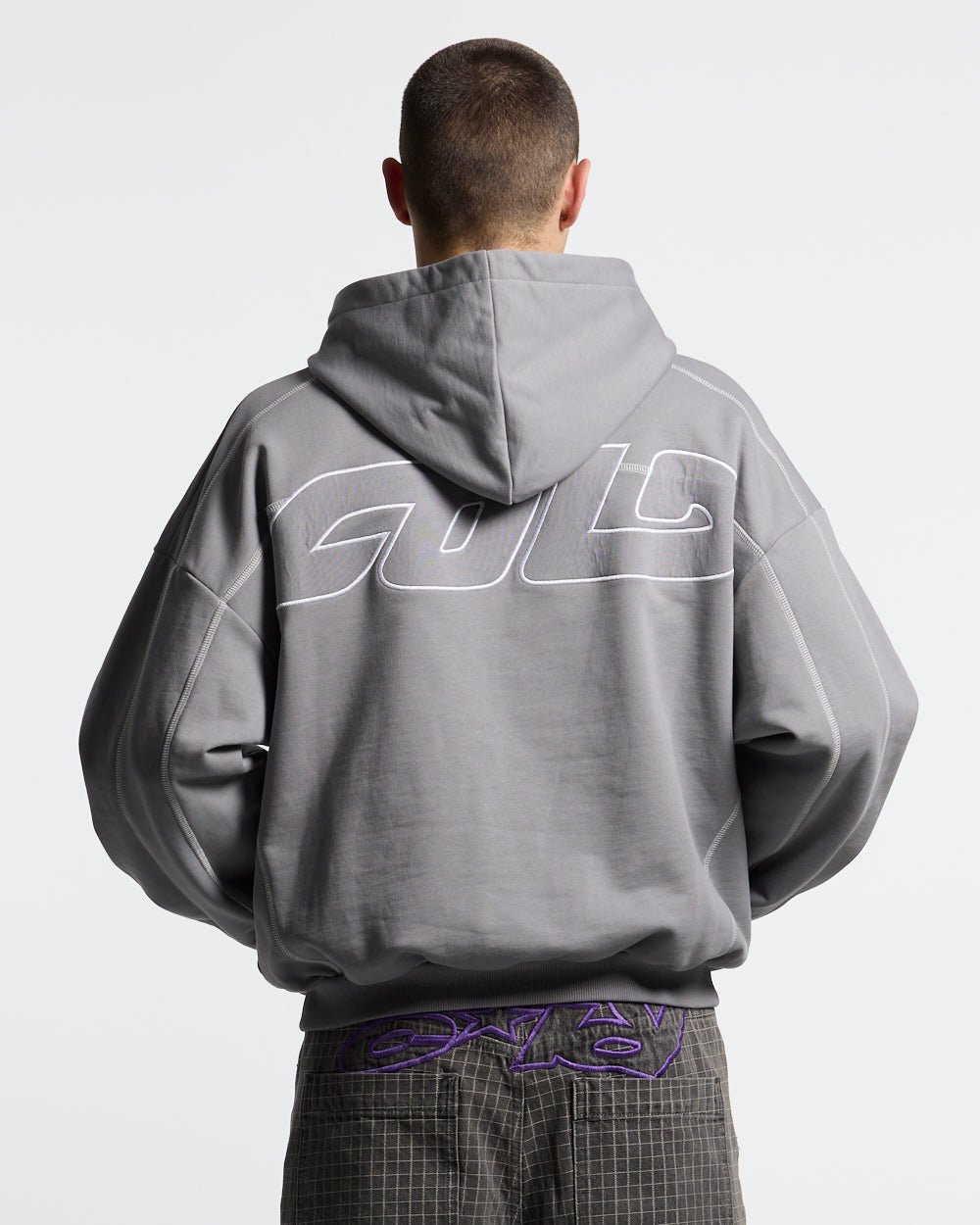 ROLLER HOODIE SMOKEY GREY - smokey grey contrast stitch hoodie, back view on male model - Cold Culture