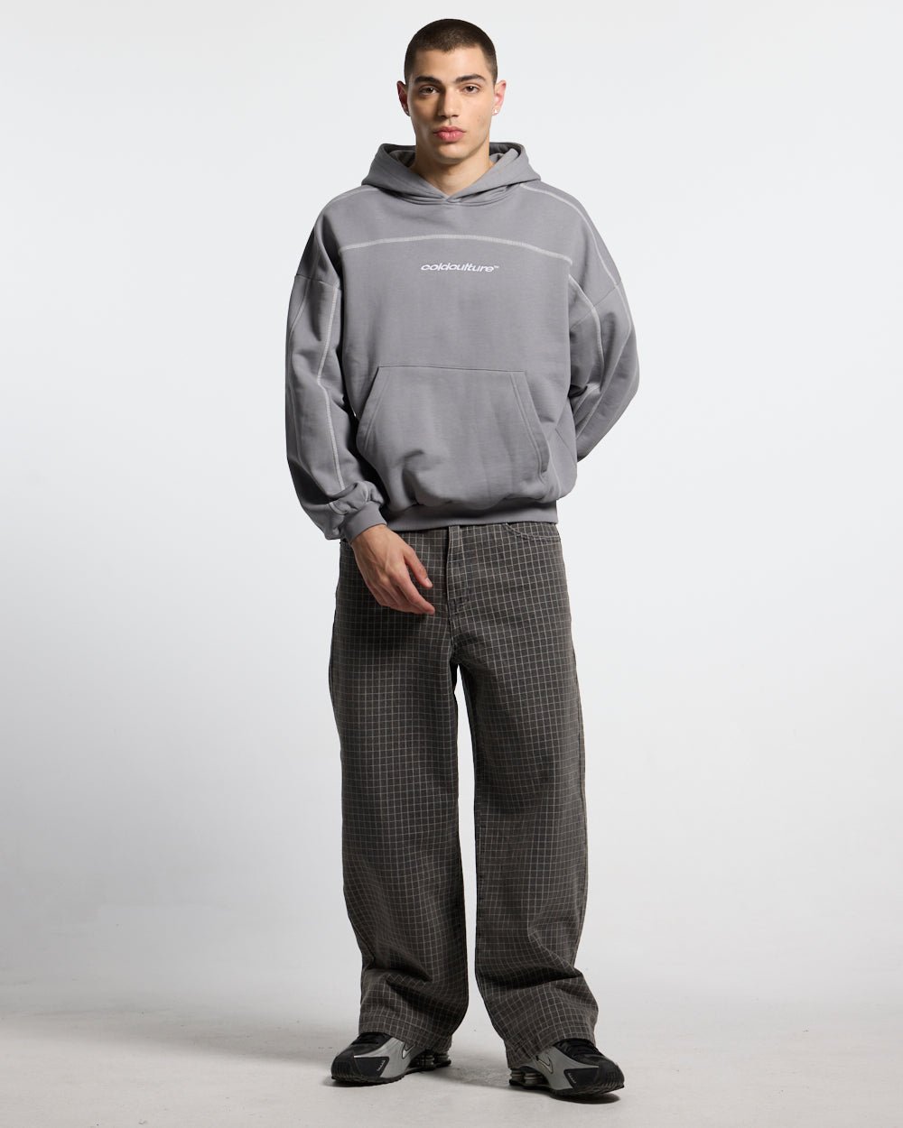ROLLER HOODIE SMOKEY GREY - smokey grey contrast stitch hoodie, front view on male model - Cold Culture #man
