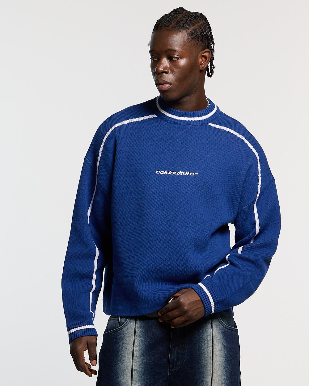ROLLER KNIT BLUE - blue varsity knit sweater, front view on male model - Cold Culture #man