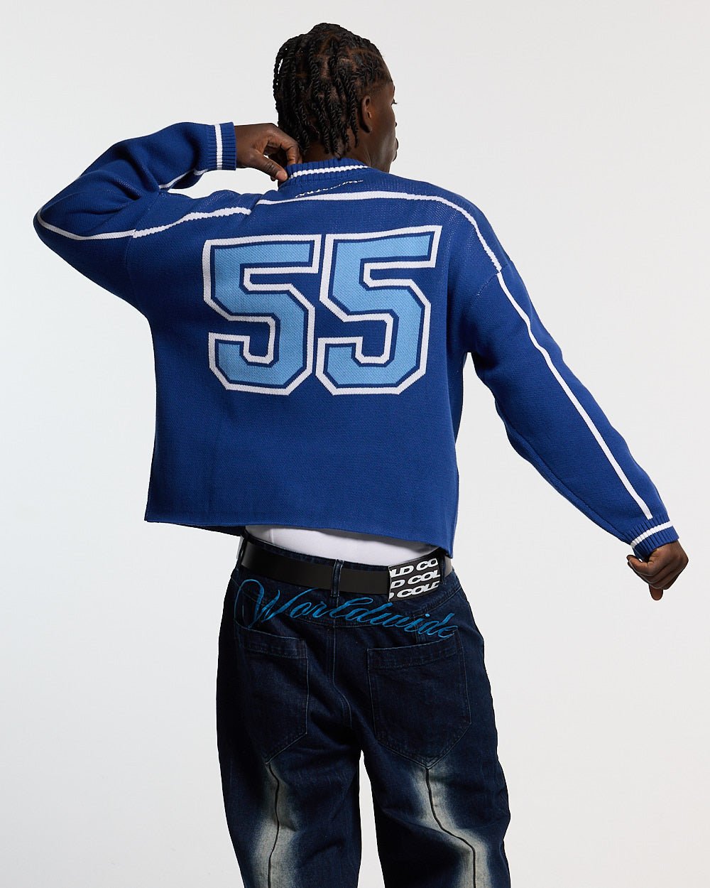 ROLLER KNIT BLUE - blue varsity knit sweater, back view on male model - Cold Culture #man