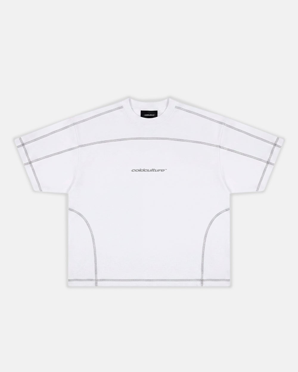 ROLLER TEE WHITE - white contrast stitch tee, front view - Cold Culture #packshot