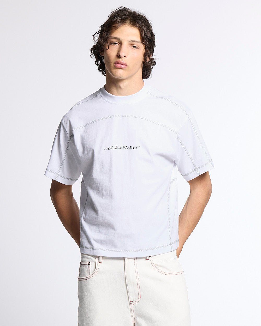 ROLLER TEE WHITE - white contrast stitch tee, front view on male model - Cold Culture #man