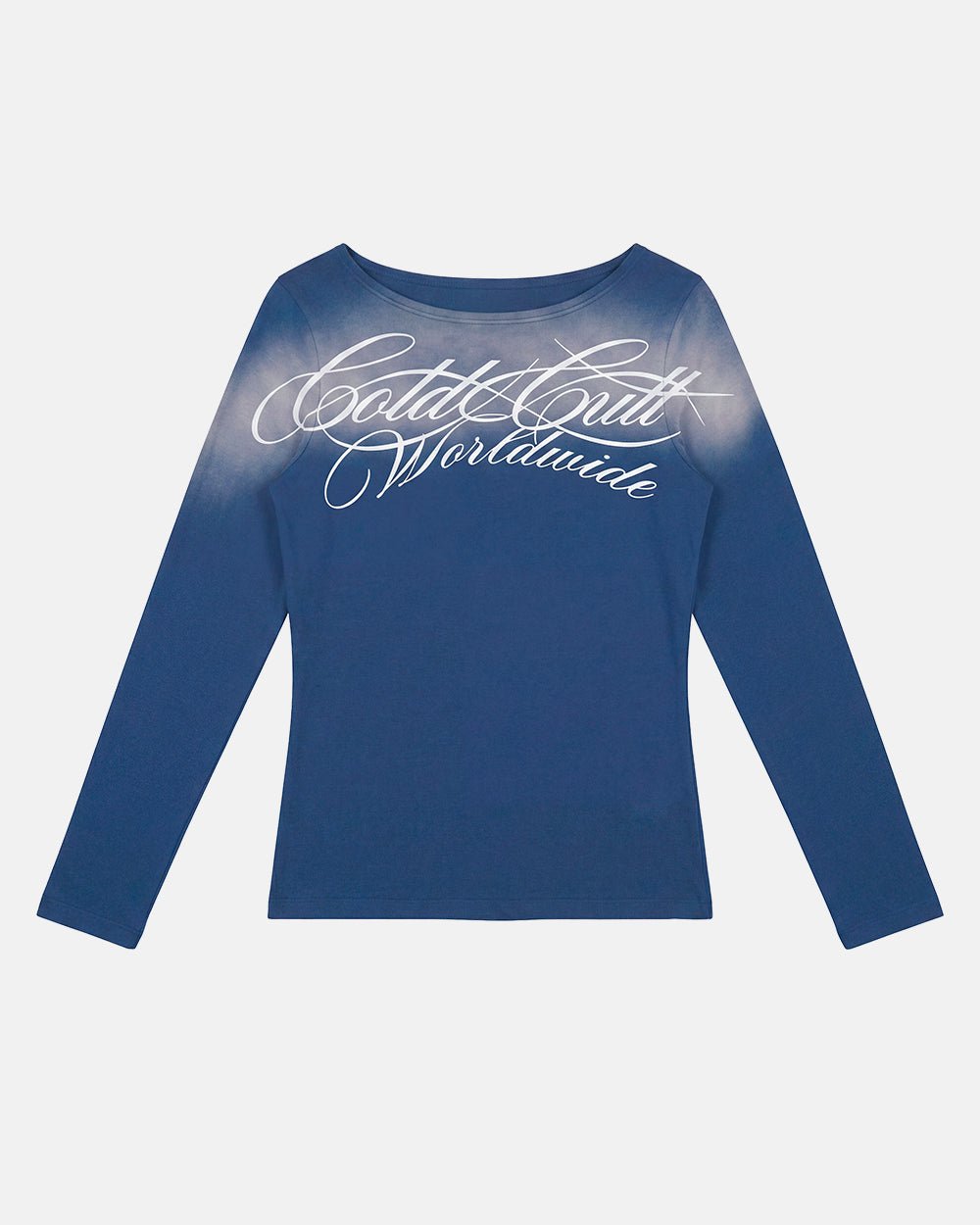 ROUGH LONGSLEEVE TEE BLUE - blue script print longsleeve tee, front view - Cold Culture #packshot