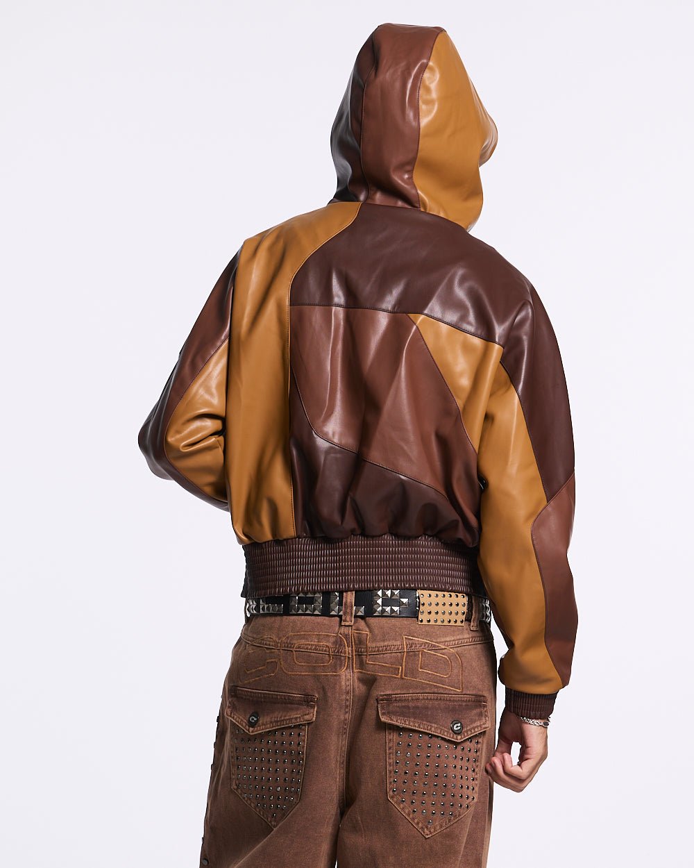 ROUTE JACKET BROWN - brown two-tone leather jacket, back view on male model - Cold Culture