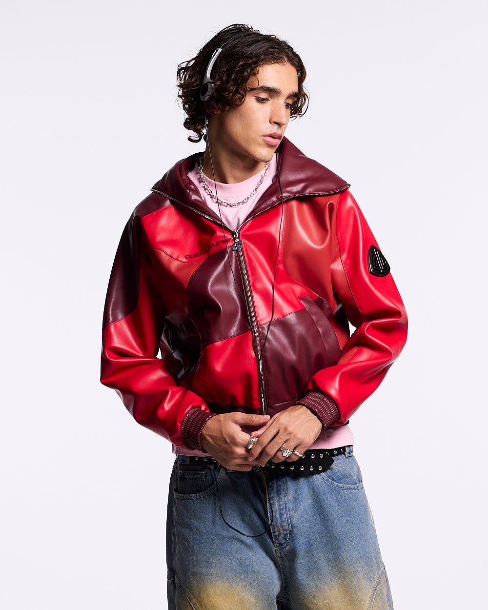 ROUTE JACKET RED AND BURGUNDY - red and burgundy leather jacket, front view on male model - Cold Culture #man