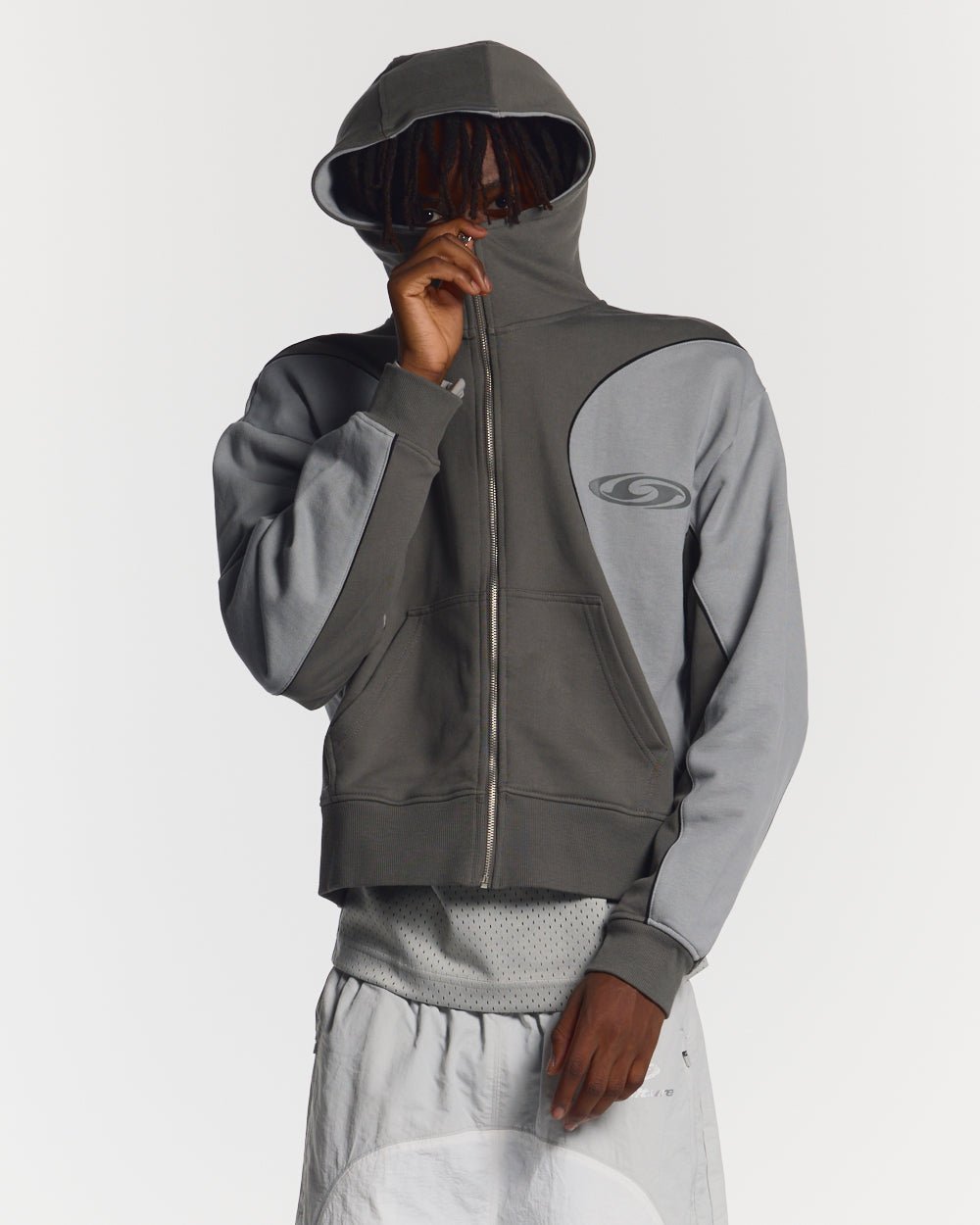 RUSH ZIPPER HOODIE GREY - grey two-tone zip-up hoodie, front view on male model - Cold Culture