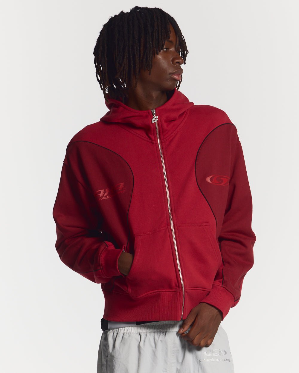 RUSH ZIPPER HOODIE RED - red two-tone zip-up hoodie, front view on male model - Cold Culture #man