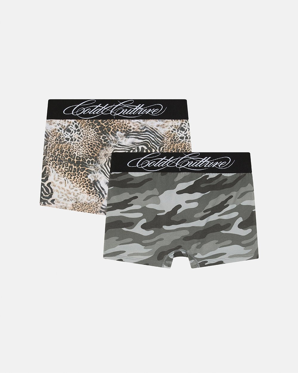 SAFARI BOXERS PACK - leopard and camo print boxers, flat lay - Cold Culture #packshot