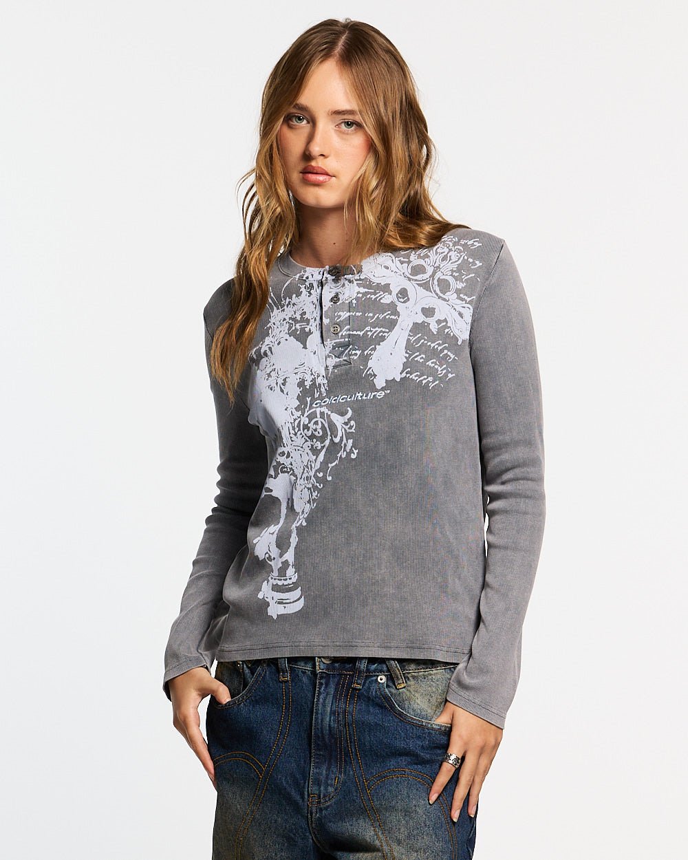 SAINTLESS LONGSLEEVE GREY - grey graphic print longsleeve tee, front view on female model - Cold Culture #woman