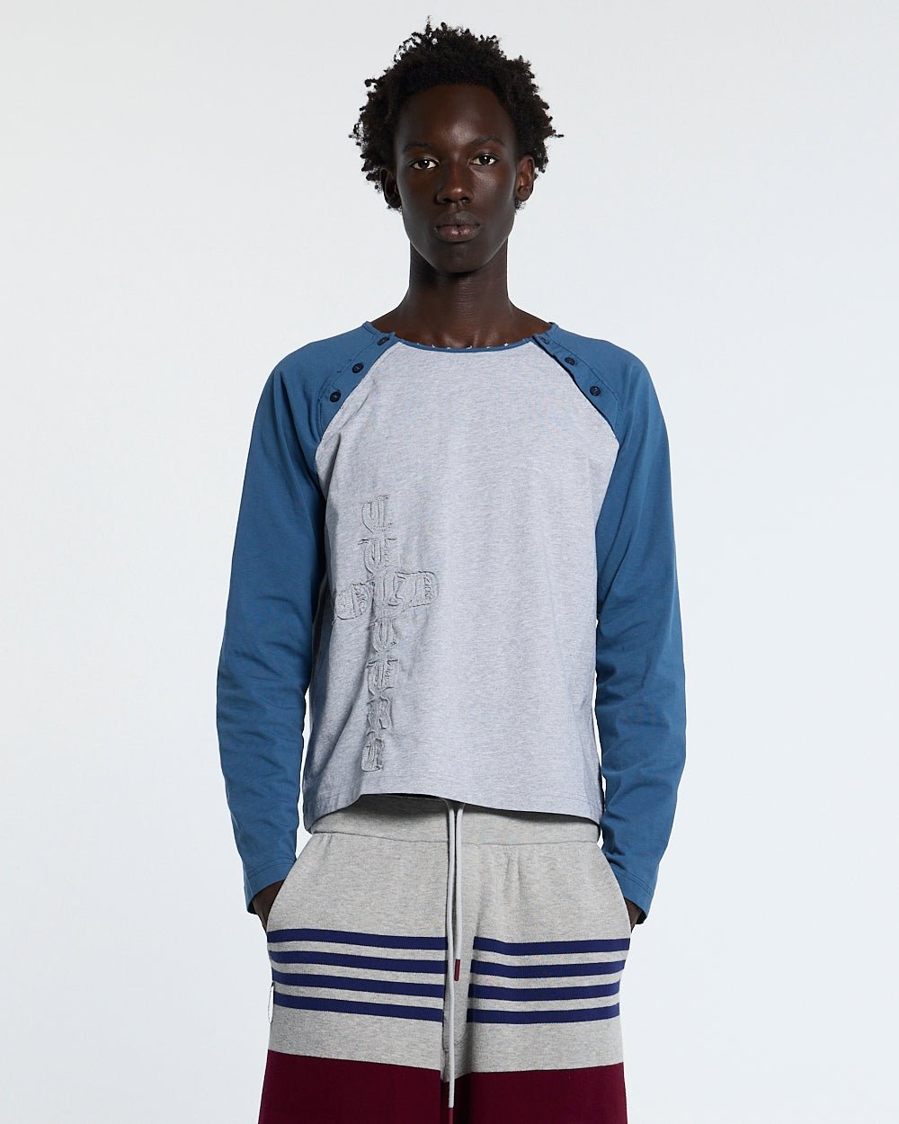 SALTY LONGSLEEVE HEATHER GREY - grey and blue raglan longsleeve tee, front view on male model - Cold Culture #man