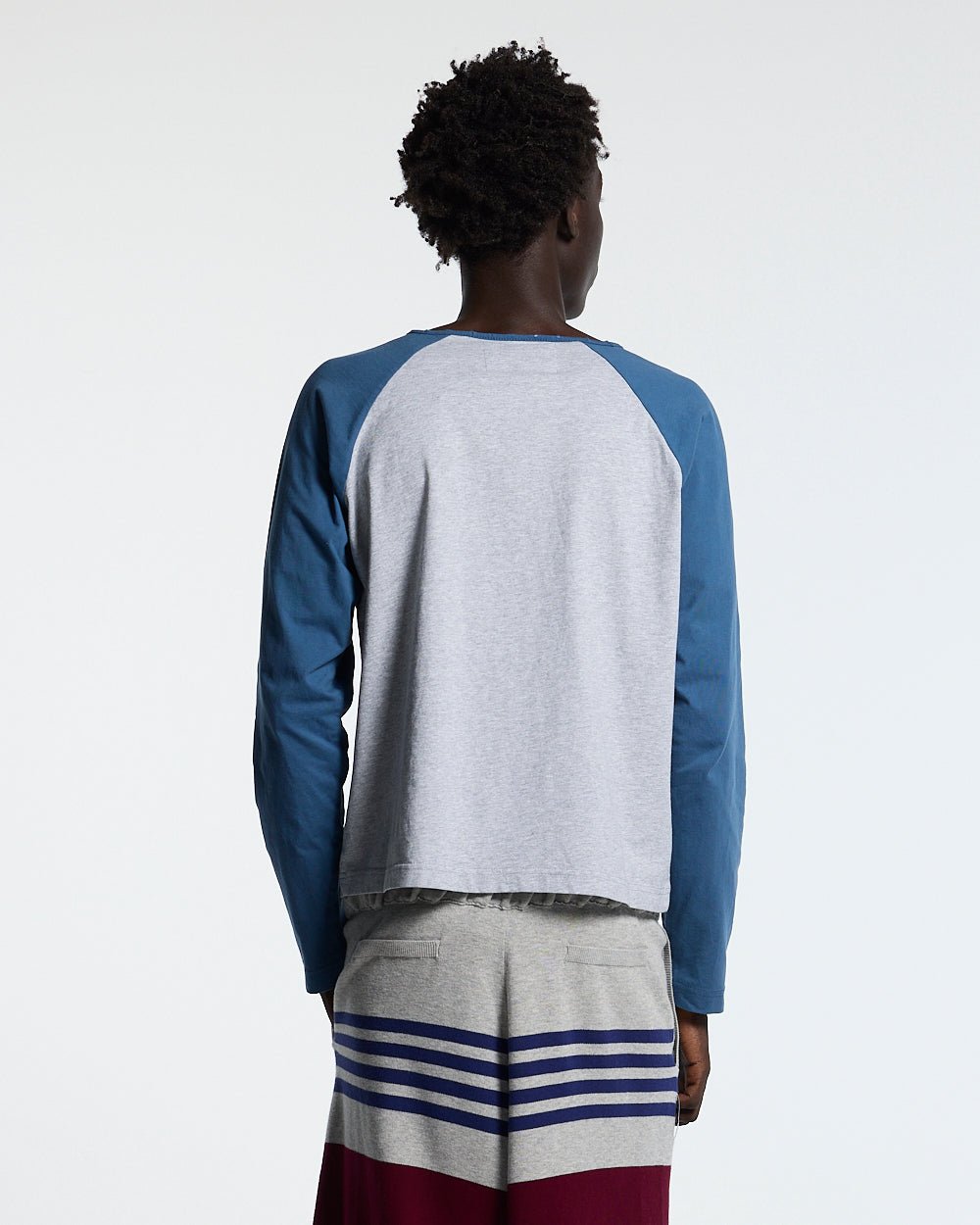 SALTY LONGSLEEVE HEATHER GREY - grey and blue raglan longsleeve tee, back view on male model - Cold Culture #man