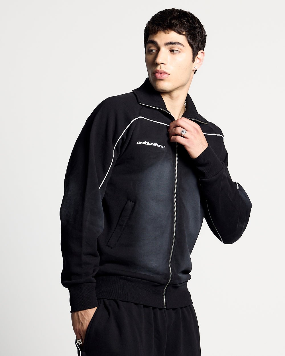 SAVAGE WASHED JACKET BLACK - black washed zip-up hoodie, front view on male model - Cold Culture #man