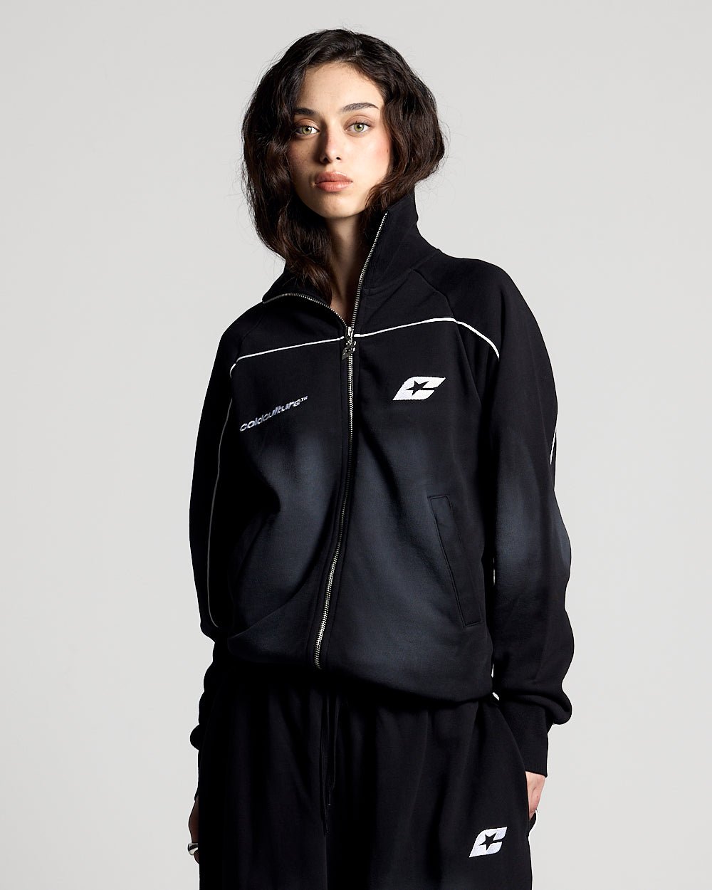 SAVAGE WASHED JACKET BLACK - black washed zip-up hoodie, front view on female model - Cold Culture #woman