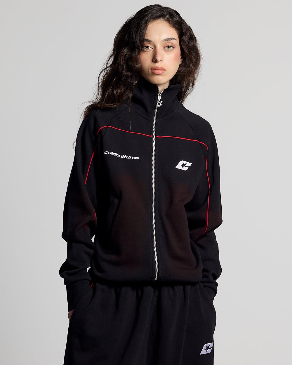 SAVAGE WASHED JACKET BLACK & RED - black and red washed zip-up hoodie, front view on female model - Cold Culture #woman