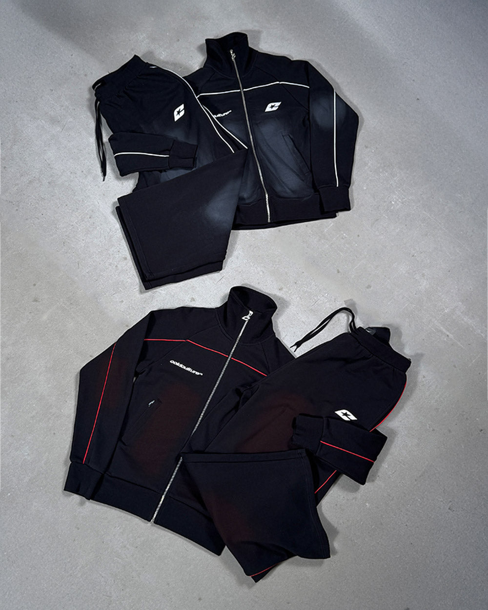 SAVAGE WASHED JACKET BLACK & RED - black and red washed zip-up hoodie, flat lay with matching pieces - Cold Culture