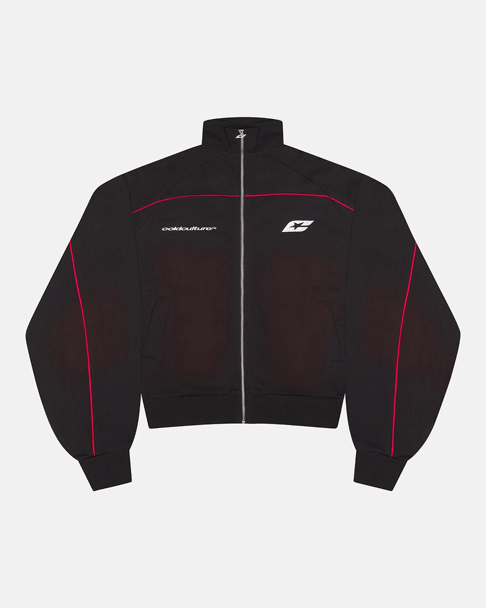 SAVAGE WASHED JACKET BLACK & RED - black and red washed zip-up hoodie, front view - Cold Culture #packshot