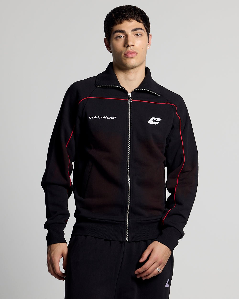 SAVAGE WASHED JACKET BLACK & RED - black and red washed zip-up hoodie, front view on male model - Cold Culture #man