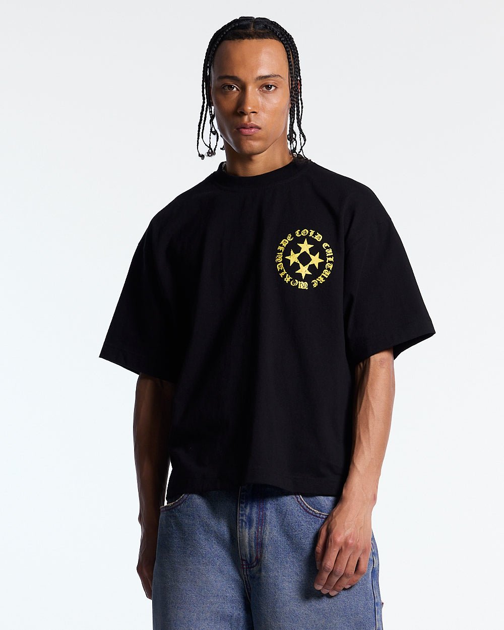 SCATTER TEE BLACK - black graphic print tee, front view on male model - Cold Culture #man