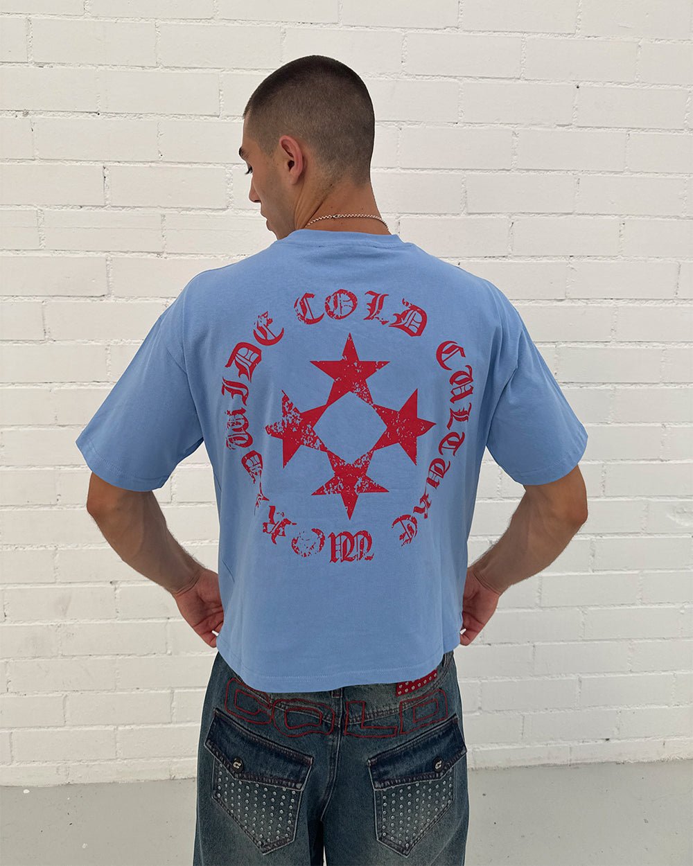 SCATTER TEE BLUE - blue graphic print tee, back view on male model - Cold Culture #man