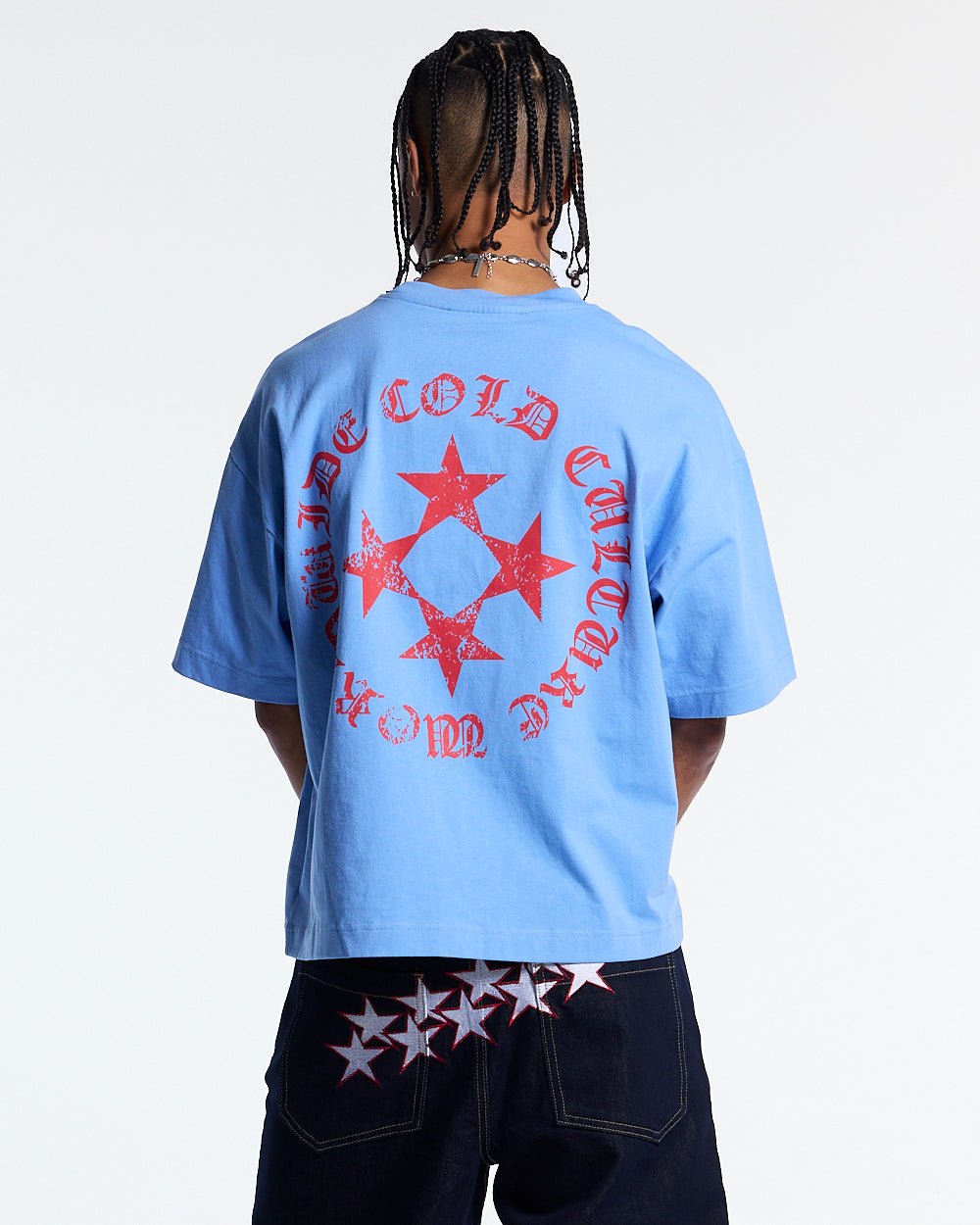 SCATTER TEE BLUE - blue graphic print tee, back view on male model - Cold Culture #man