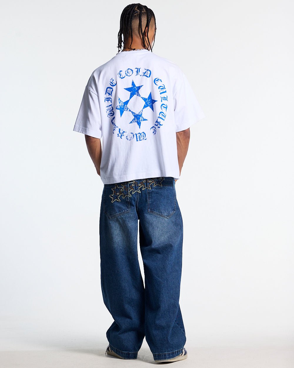 SCATTER TEE WHITE - white graphic print tee, back view on male model - Cold Culture #man