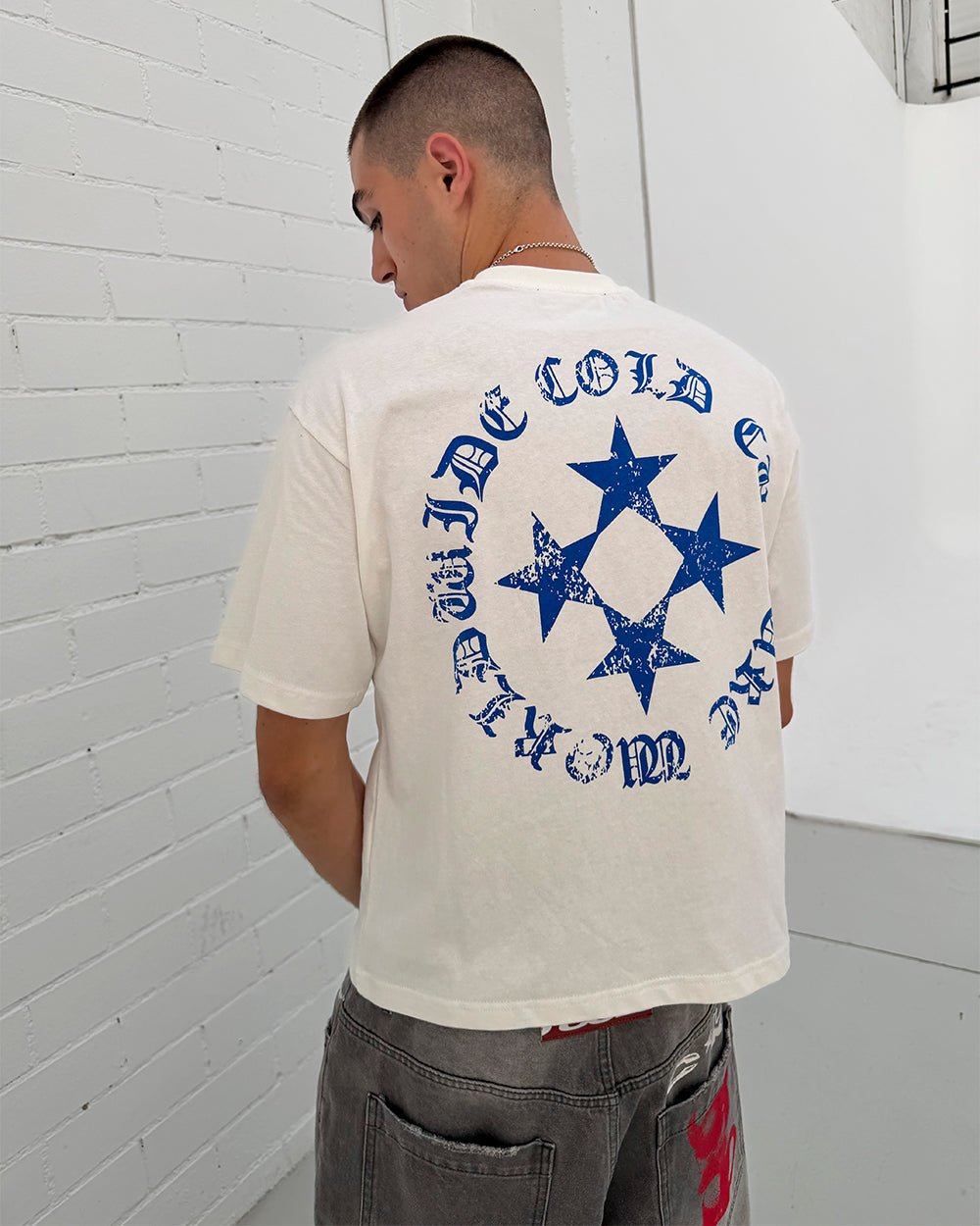 SCATTER TEE WHITE - white graphic print tee, back view on male model - Cold Culture #man