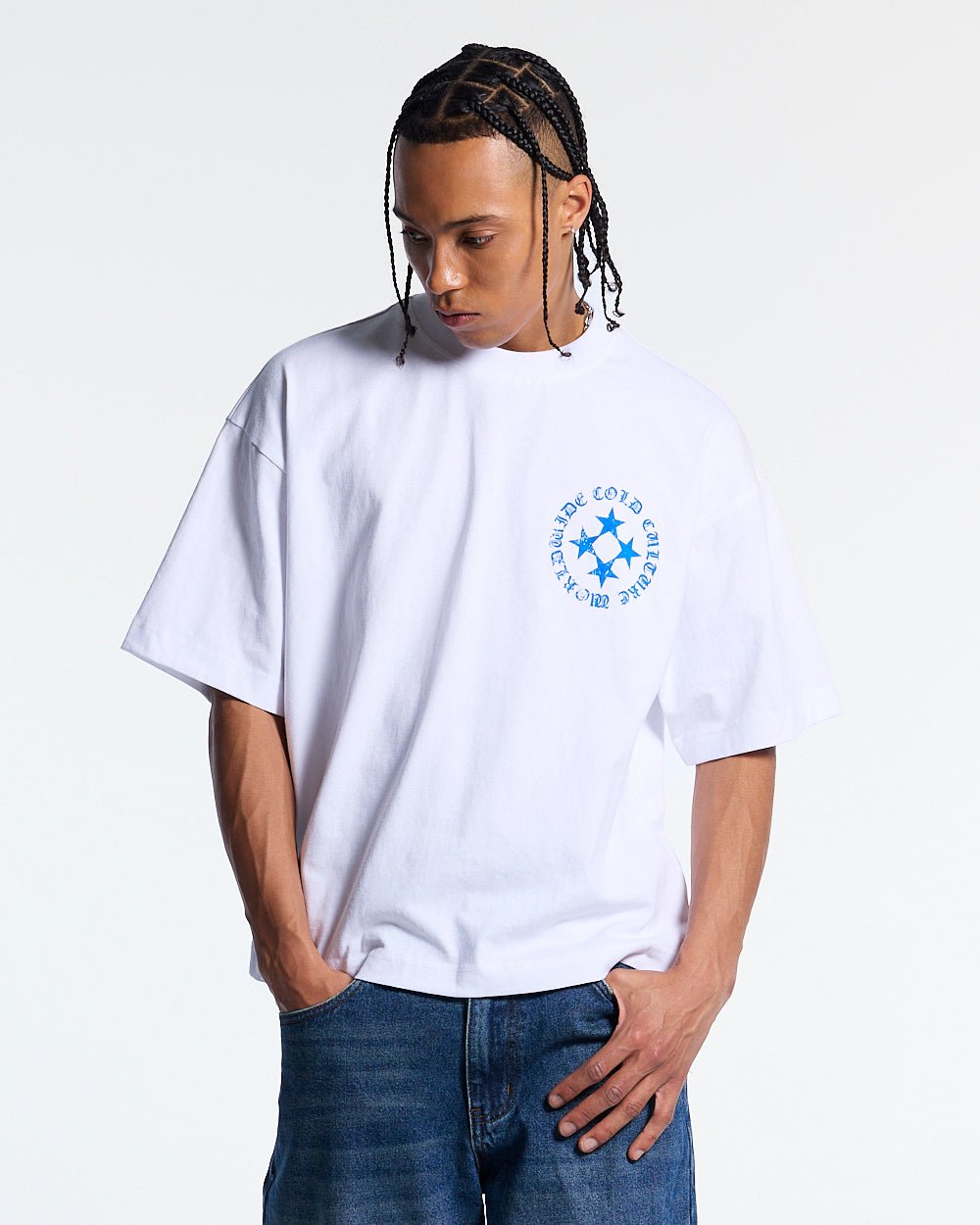 SCATTER TEE WHITE - white graphic print tee, front view on male model - Cold Culture #man