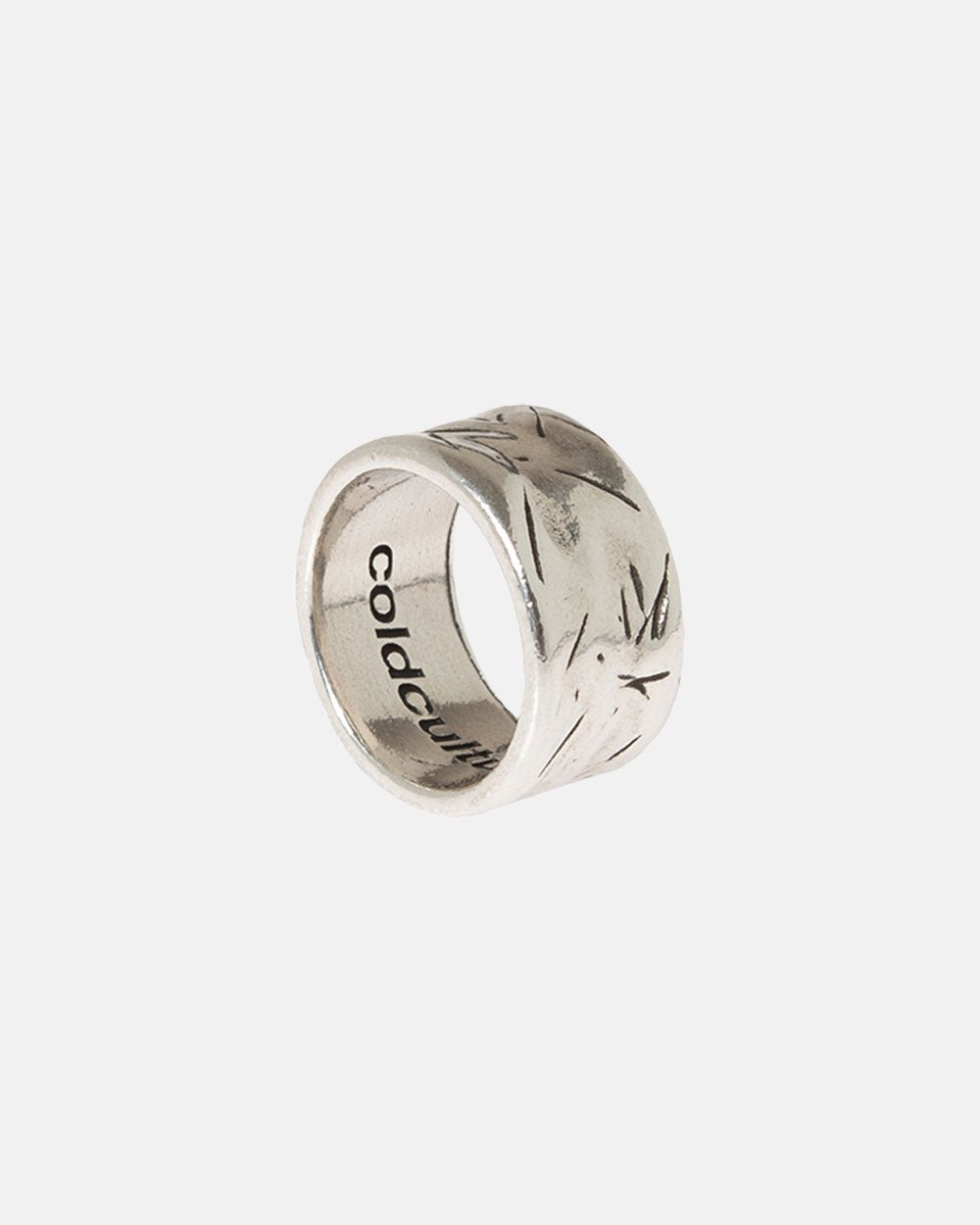 SCRATCH RING - silver scratched band ring, front view - Cold Culture #packshot
