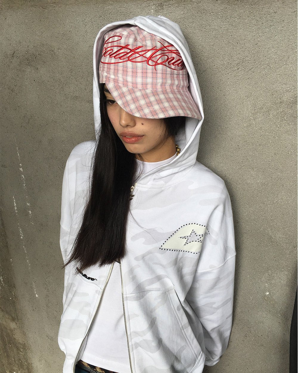 SCRIPT CAP PINK - pink plaid cap, street style shot - Cold Culture #woman