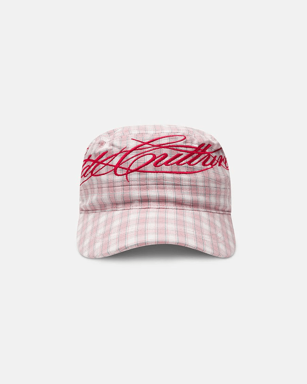 SCRIPT CAP PINK - pink plaid cap, front view - Cold Culture #packshot