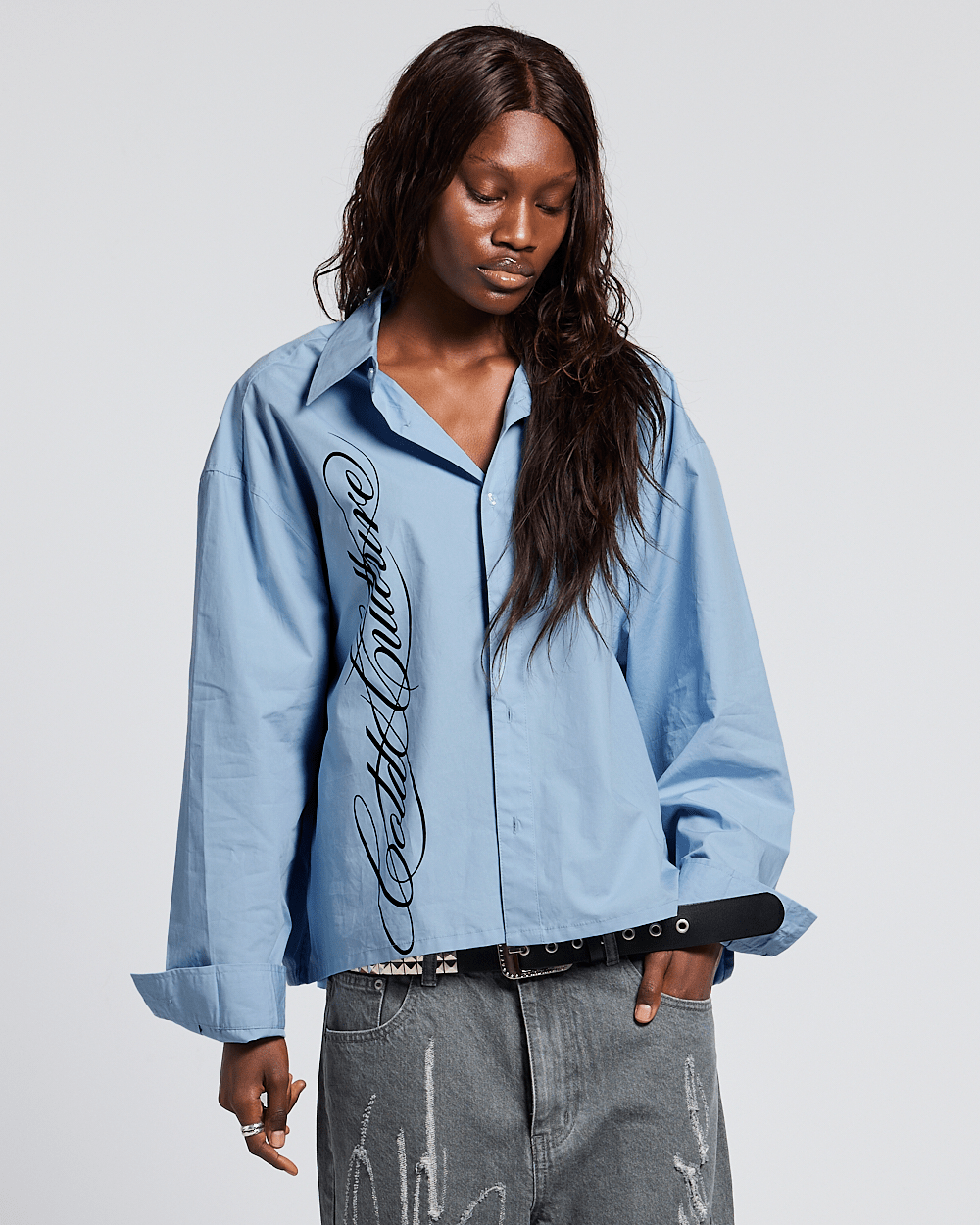 SCRIPT SHIRT BABY BLUE - baby blue long sleeve shirt, front view on female model - Cold Culture #woman