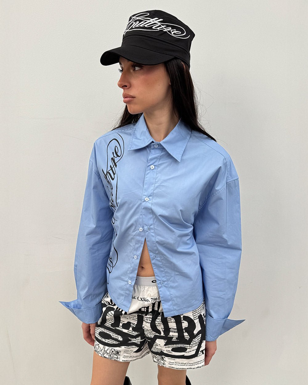 SCRIPT SHIRT BABY BLUE - baby blue long sleeve shirt, front view on female model - Cold Culture #woman