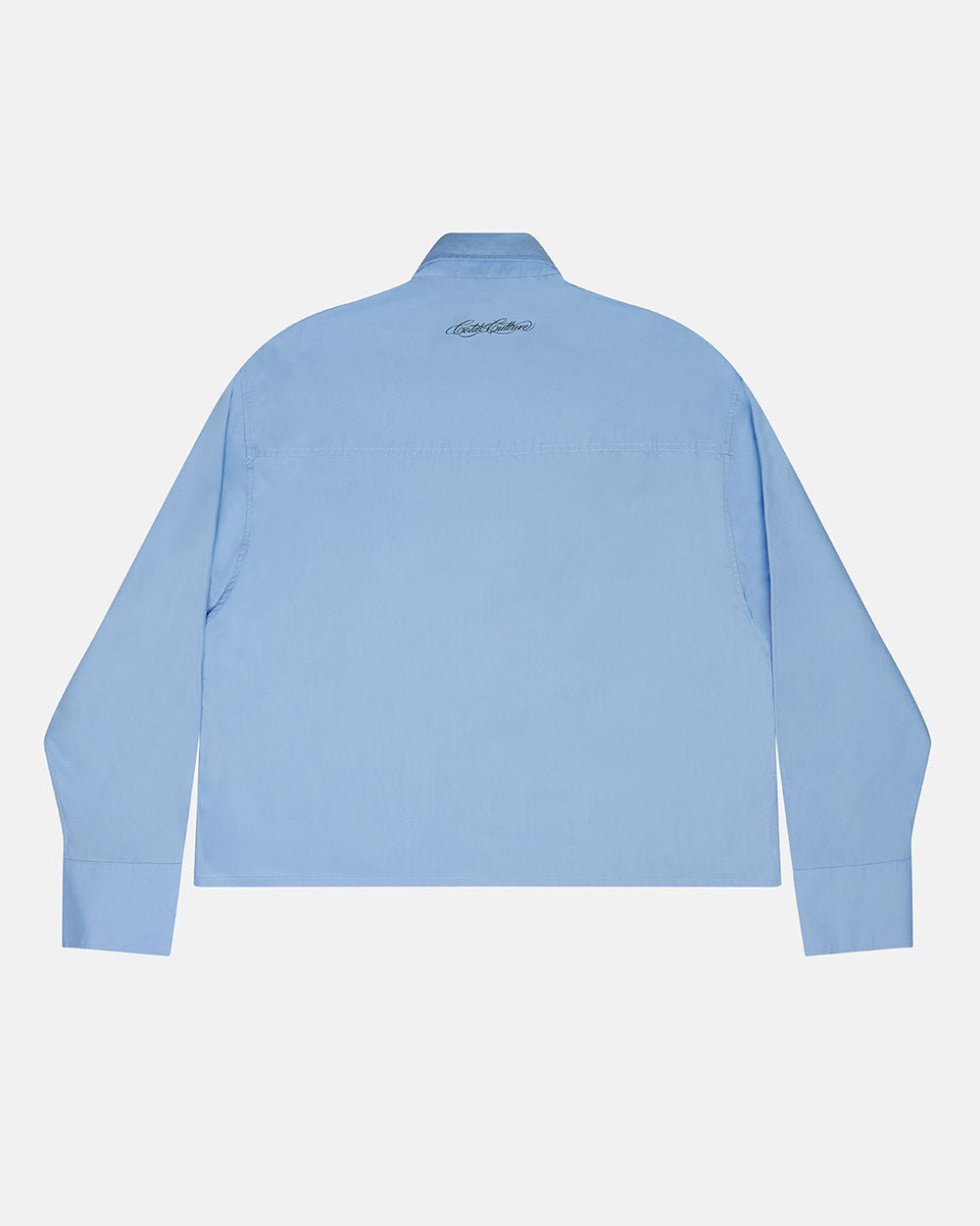 SCRIPT SHIRT BABY BLUE - baby blue long sleeve shirt, back view - Cold Culture #packshot