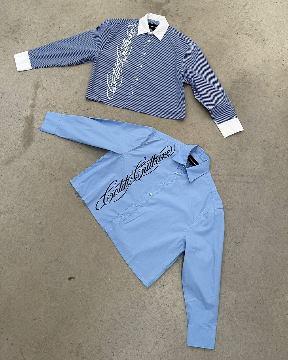 SCRIPT SHIRT BABY BLUE - baby blue long sleeve shirt, flat lay with matching pieces - Cold Culture