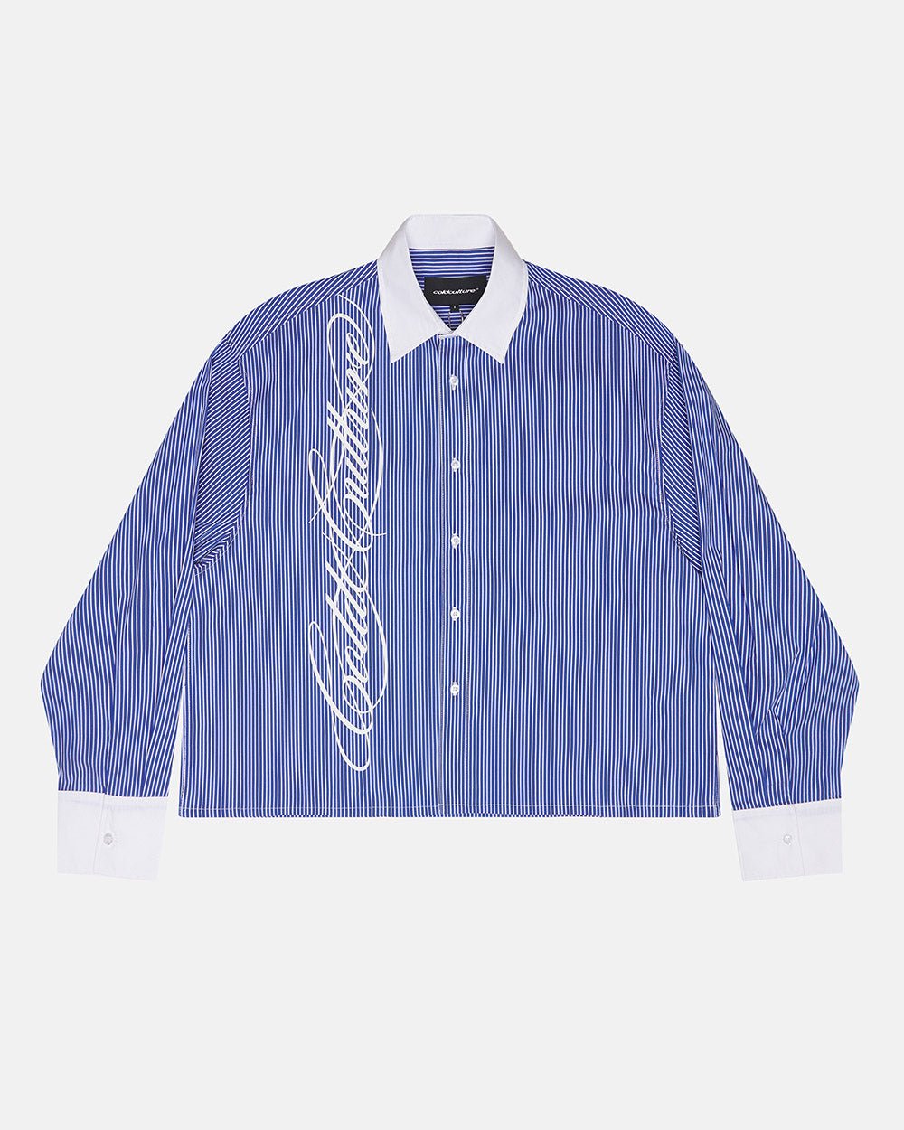 SCRIPT SHIRT BLUE & WHITE - blue striped long sleeve shirt, front view - Cold Culture #packshot