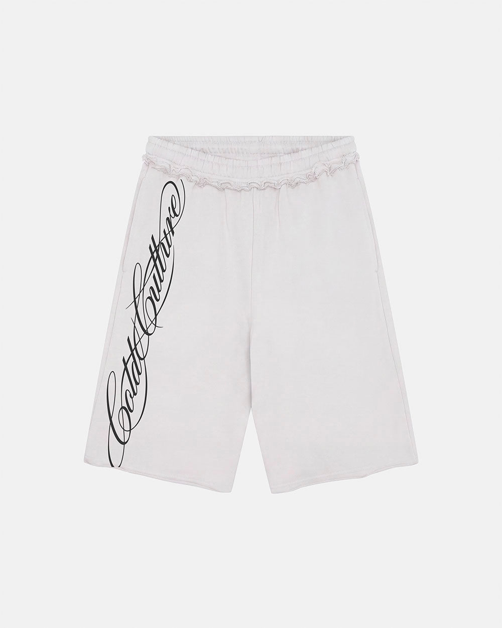 SCRIPT SHORT LIGHT GREY - light grey graphic print shorts, front view - Cold Culture #packshot