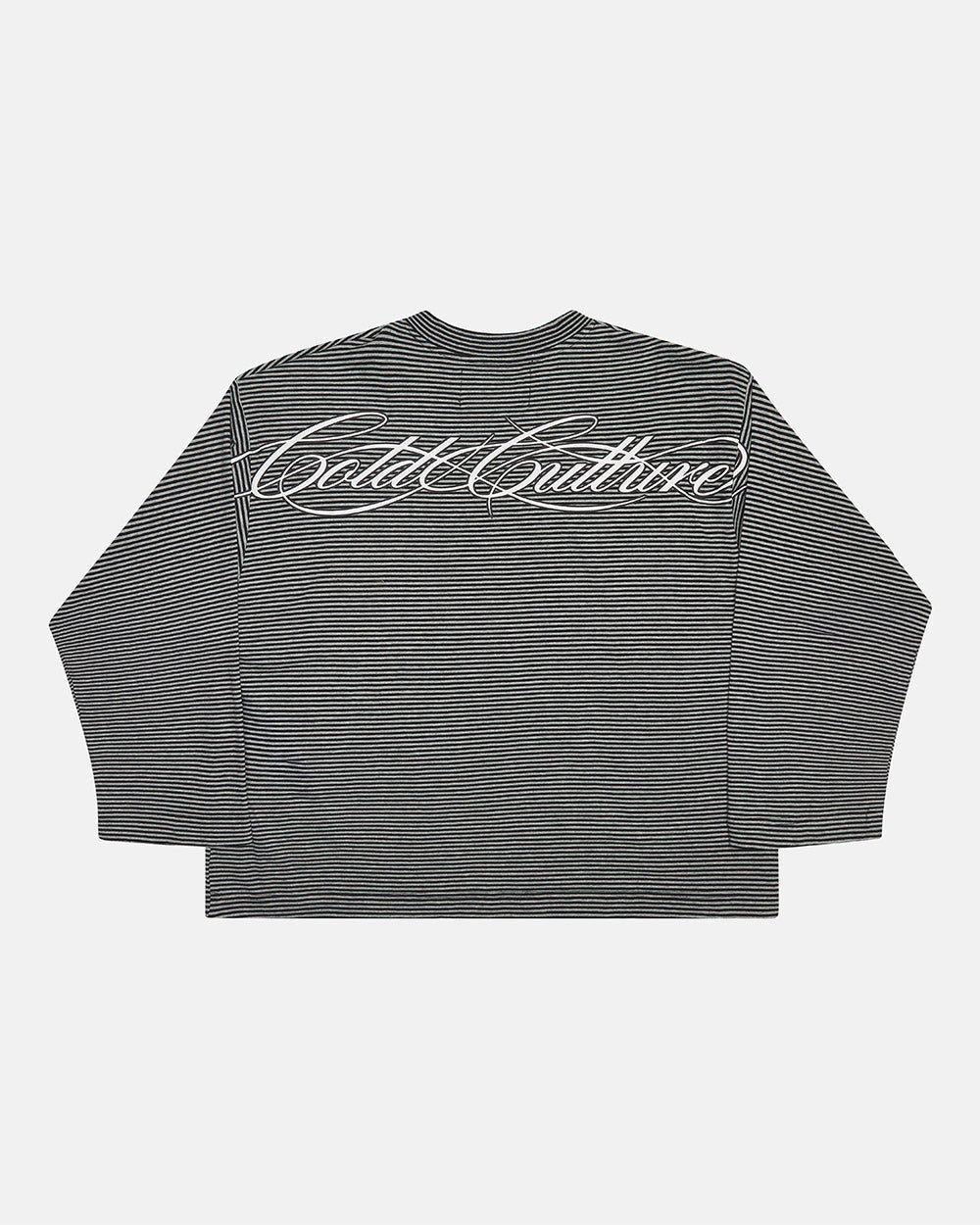 SCRIPT STRIPES LONGSLEEVE BLACK - black striped longsleeve tee, back view - Cold Culture #packshot