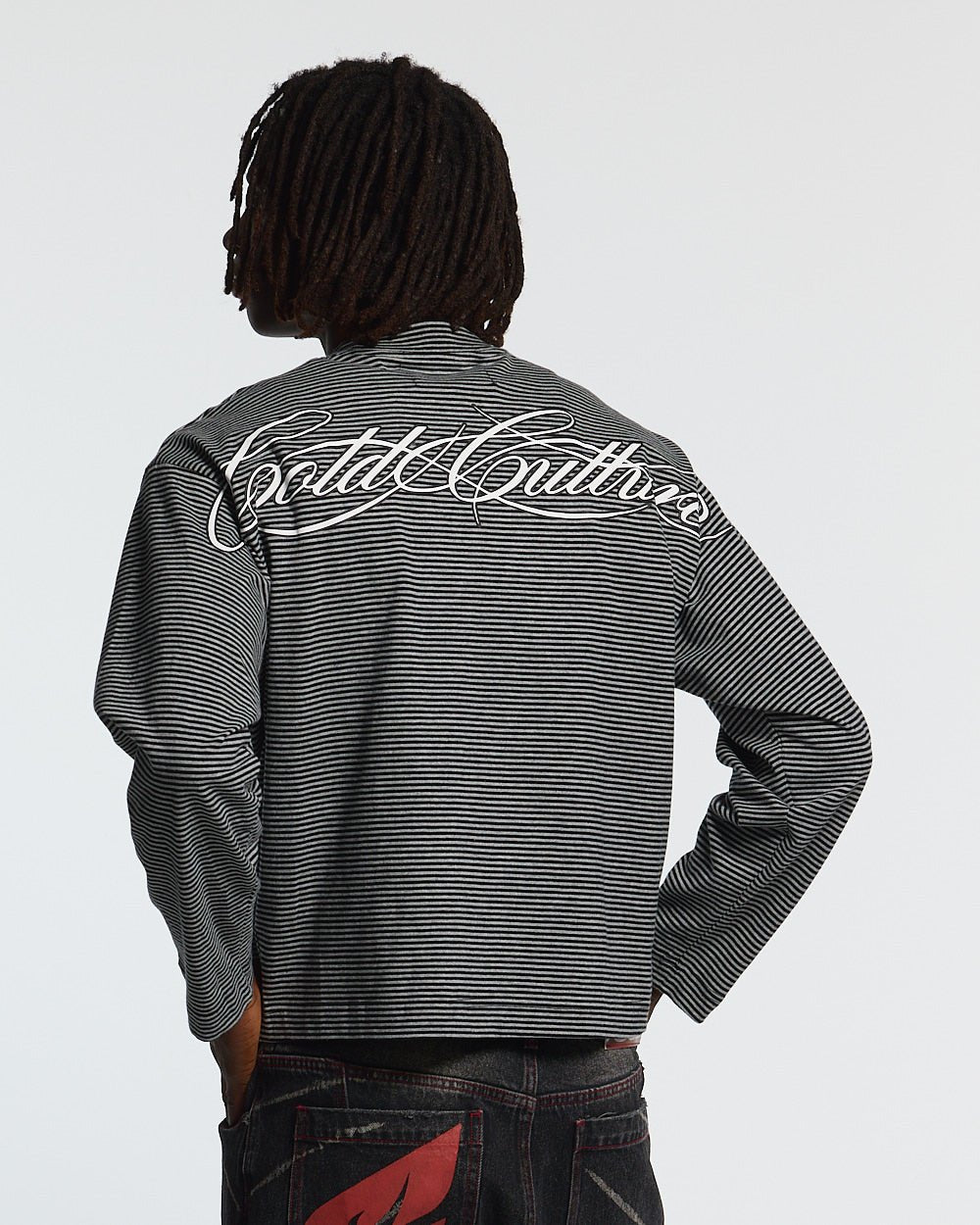 SCRIPT STRIPES LONGSLEEVE BLACK - black striped longsleeve tee, back view on male model - Cold Culture #man