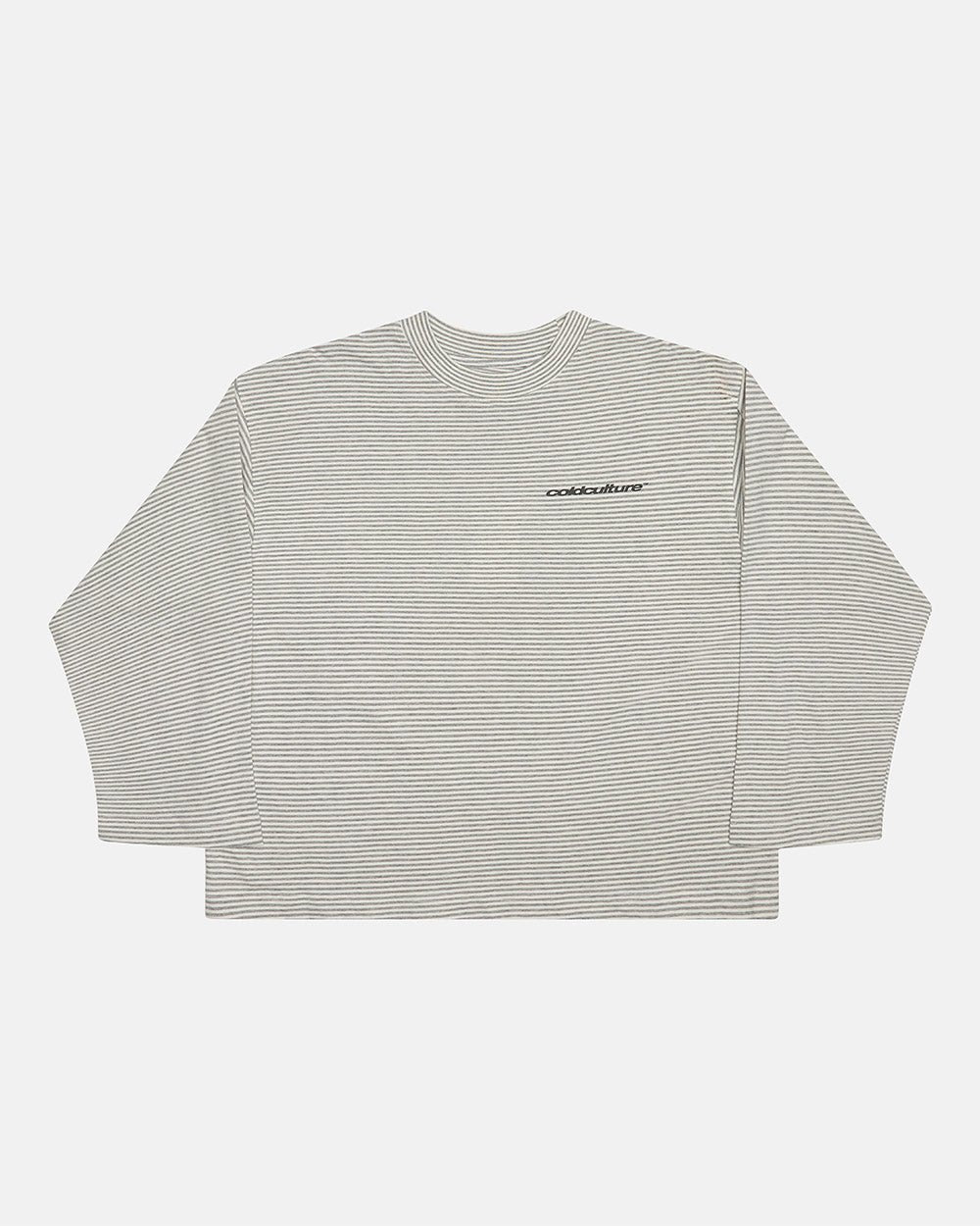 SCRIPT STRIPES LONGSLEEVE GREY - grey striped longsleeve tee, front view - Cold Culture #packshot