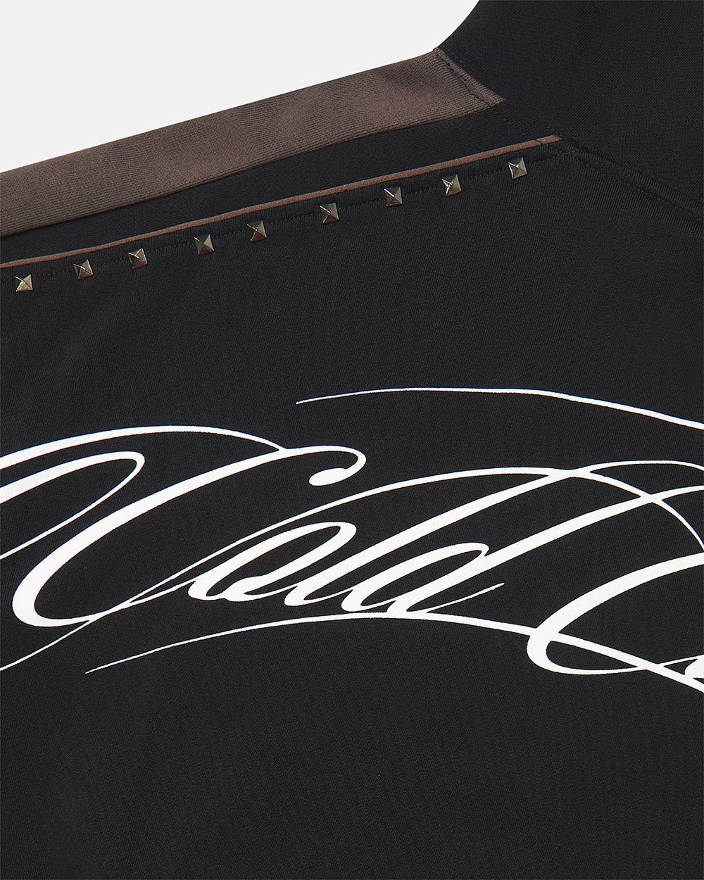 SCRIPT STUDS HOODIE BLACK - black studded hoodie, detail close-up - Cold Culture