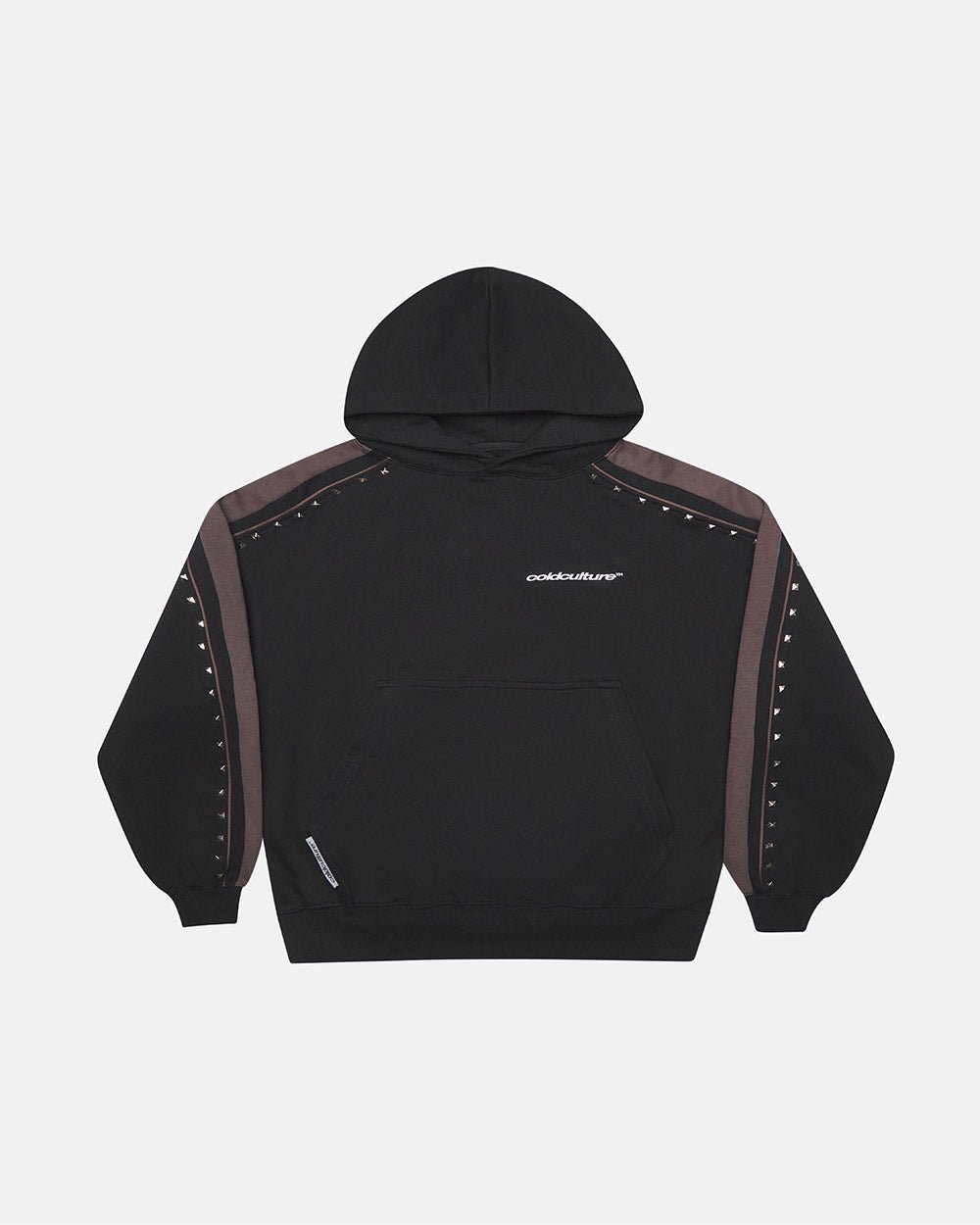 SCRIPT STUDS HOODIE BLACK - black studded hoodie, front view - Cold Culture #packshot