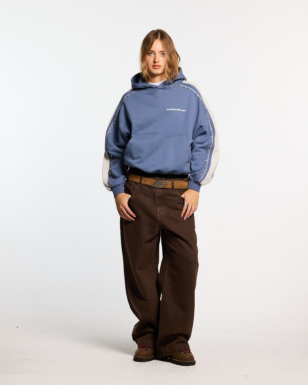 SCRIPT STUDS HOODIE BLUE - blue studded hoodie, front view on female model - Cold Culture #woman