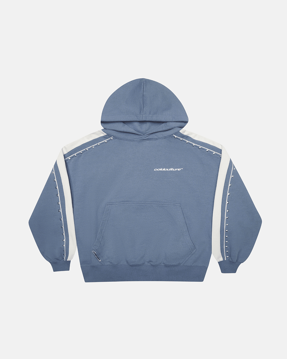 SCRIPT STUDS HOODIE BLUE - blue studded hoodie, front view - Cold Culture #packshot