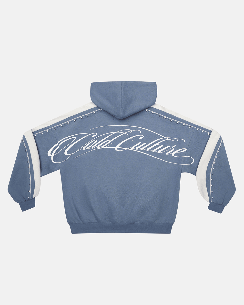 SCRIPT STUDS HOODIE BLUE - blue studded hoodie, back view - Cold Culture #packshot