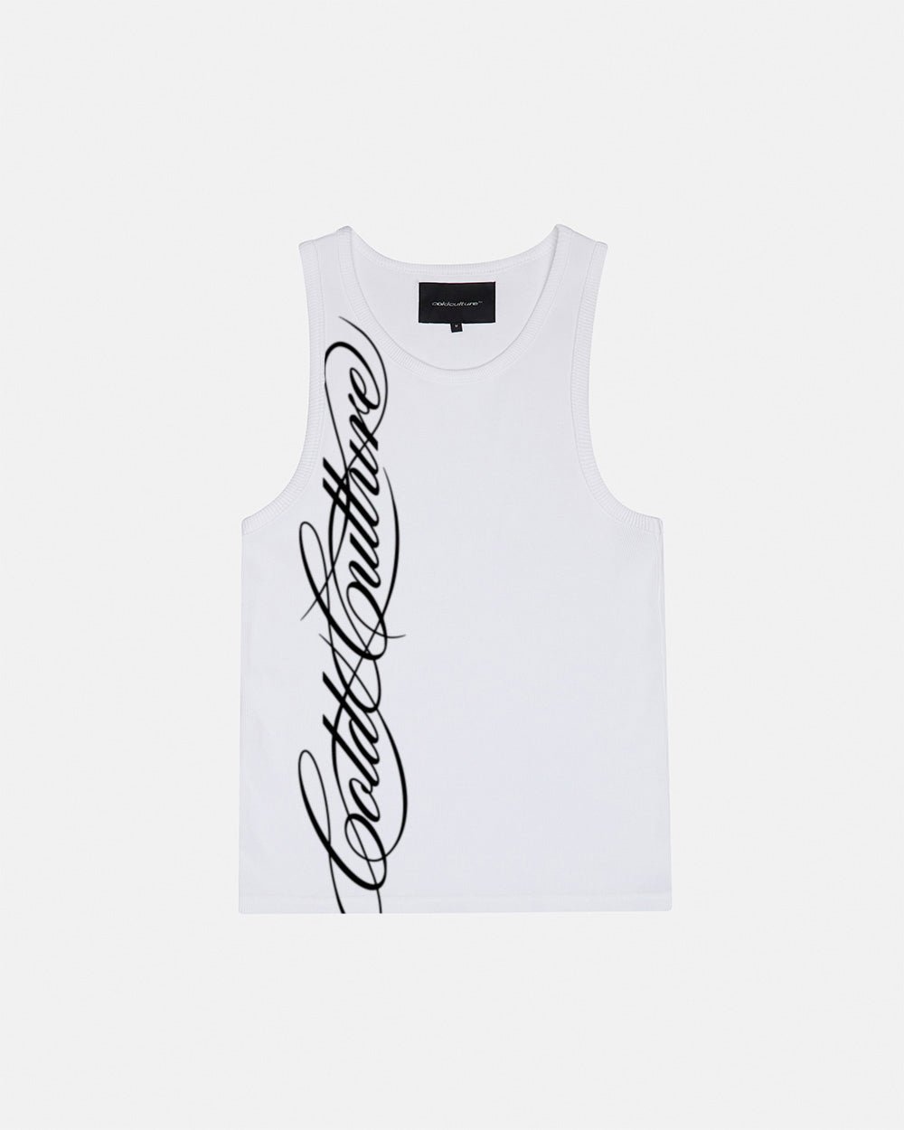 SCRIPT TANK TOP WHITE - white ribbed tank top, front view - Cold Culture #packshot