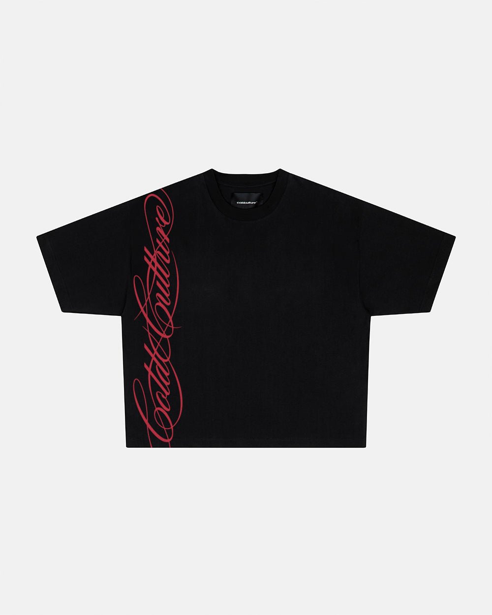 SCRIPT TEE BLACK - black script print tee, front view - Cold Culture #packshot