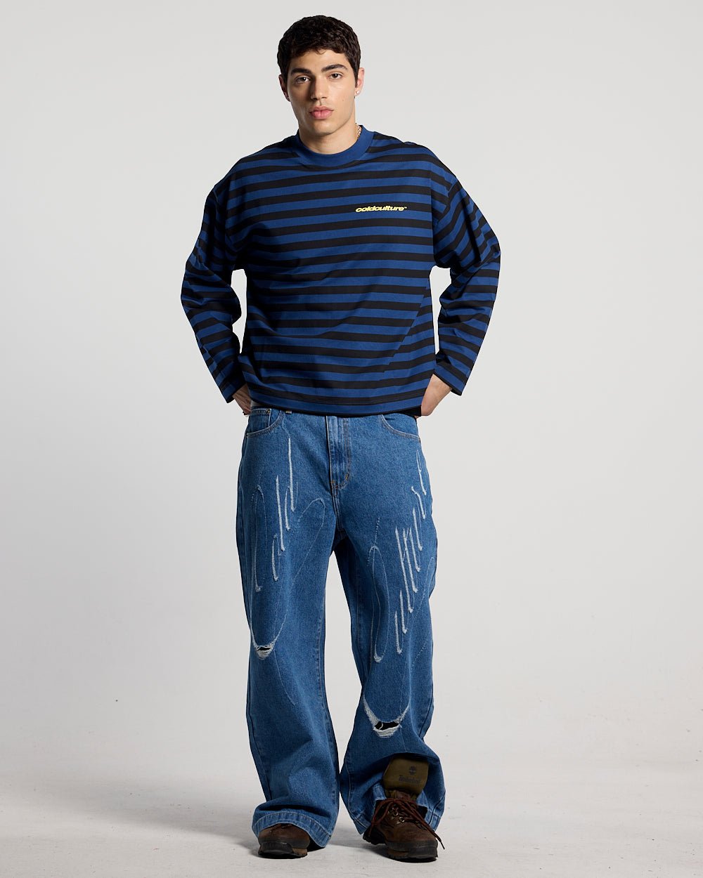 SCRIPT V3 PANTS LIGHT BLUE - light blue distressed denim pants, front view on male model - Cold Culture #man