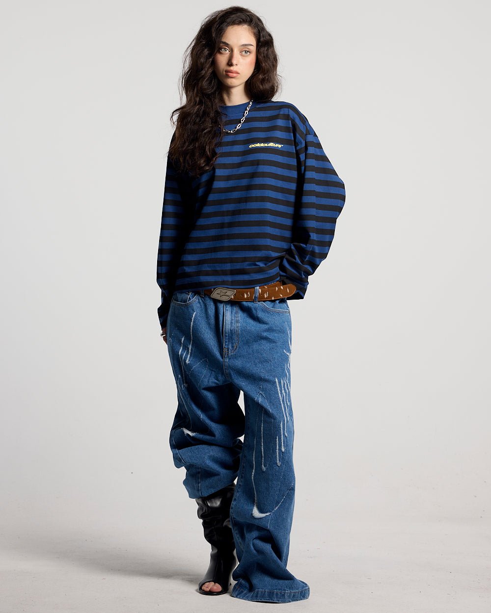 SCRIPT V3 PANTS LIGHT BLUE - light blue distressed denim pants, front view on female model - Cold Culture #woman