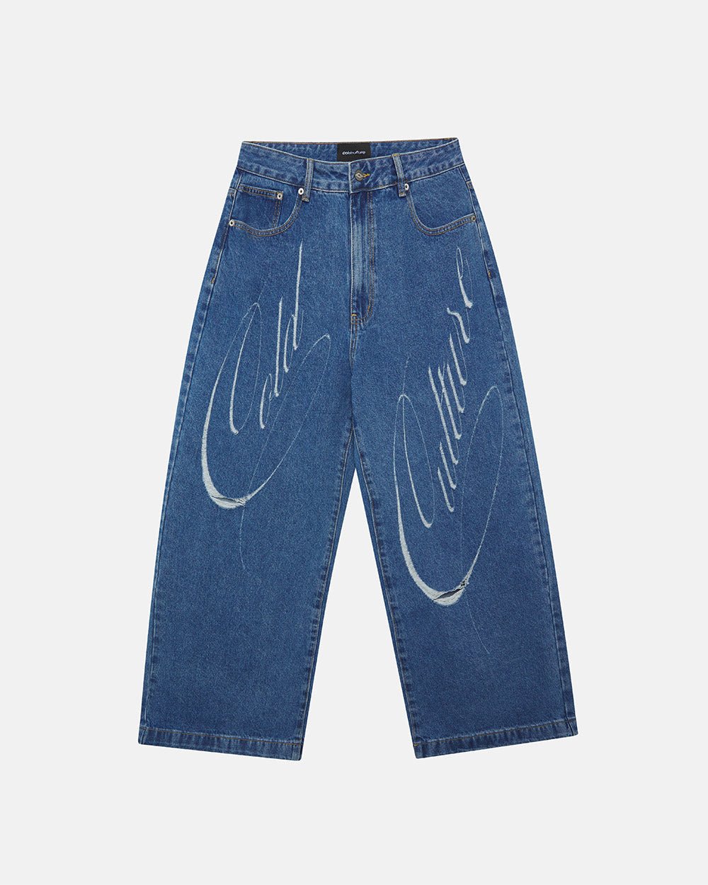 SCRIPT V3 PANTS LIGHT BLUE - light blue distressed denim pants, front view - Cold Culture #packshot