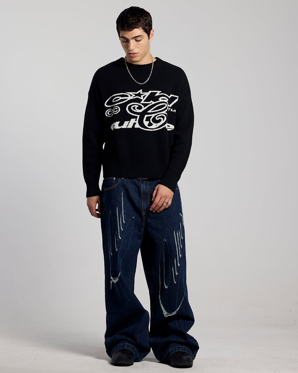 SCRIPT V3 PANTS RAW DENIM - dark blue baggy denim pants, front view on male model - Cold Culture #man